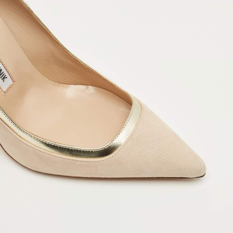 Pre Owned Malone Souliers Cream/Gold Patent Leather and Suede Pointed Toe Pumps Size 36