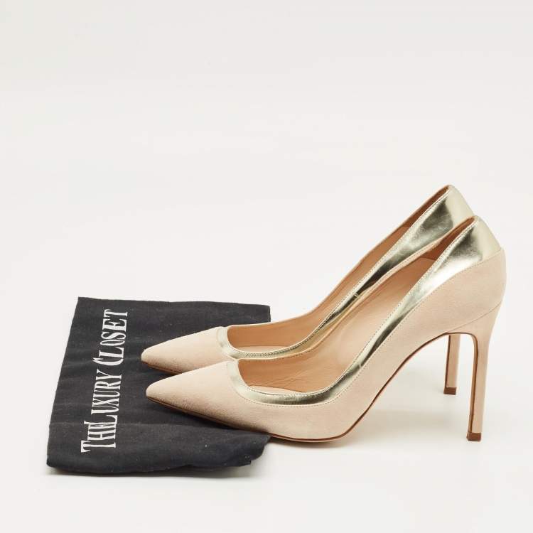 Pre Owned Malone Souliers Cream/Gold Patent Leather and Suede Pointed Toe Pumps Size 36