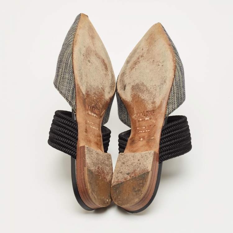 Pre Owned Malone Souliers Beige/Black Canvas Maisie Mules Size 36.5