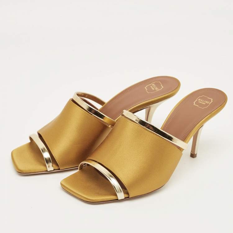 Pre Owned Malone Souliers Mastard/Gold Leather and Satin Laney Slide Sandals Size 38