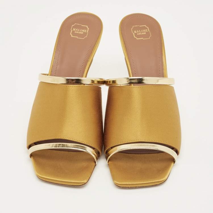 Pre Owned Malone Souliers Mastard/Gold Leather and Satin Laney Slide Sandals Size 38