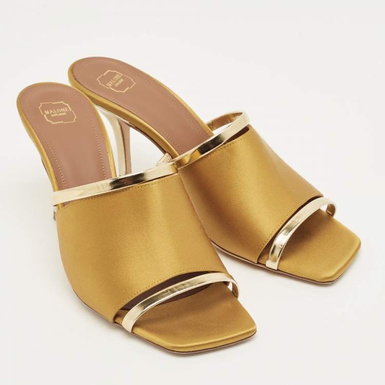 Pre Owned Malone Souliers Mastard/Gold Leather and Satin Laney Slide Sandals Size 38