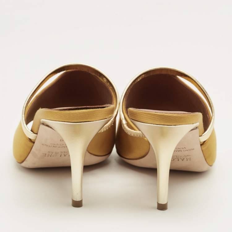 Pre Owned Malone Souliers Mastard/Gold Leather and Satin Laney Slide Sandals Size 38