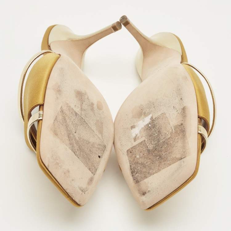 Pre Owned Malone Souliers Mastard/Gold Leather and Satin Laney Slide Sandals Size 38