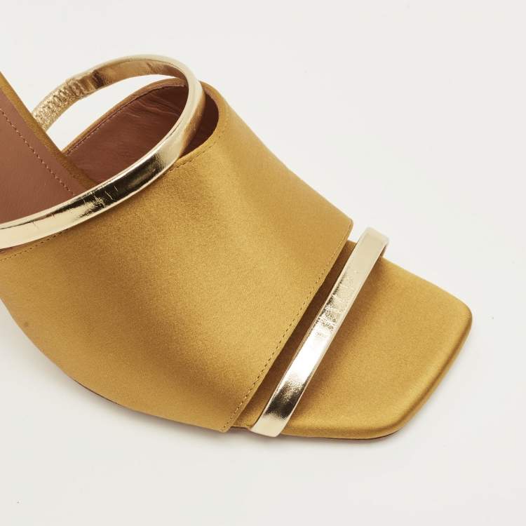 Pre Owned Malone Souliers Mastard/Gold Leather and Satin Laney Slide Sandals Size 38