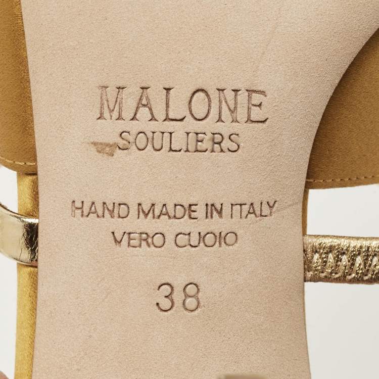 Pre Owned Malone Souliers Mastard/Gold Leather and Satin Laney Slide Sandals Size 38