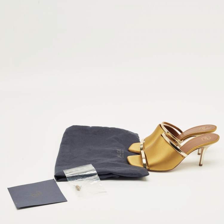 Pre Owned Malone Souliers Mastard/Gold Leather and Satin Laney Slide Sandals Size 38