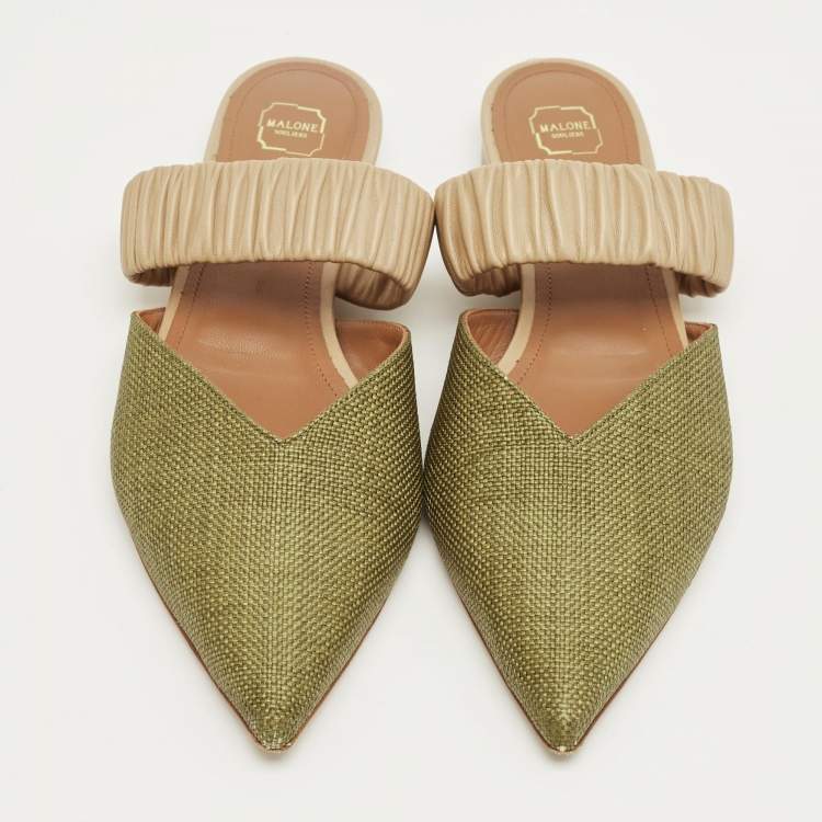 Pre Owned Malone Souliers Green/Beige Leather and Raffia Maisie Mules Size 39.5