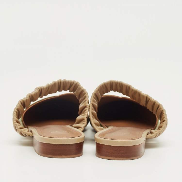 Pre Owned Malone Souliers Green/Beige Leather and Raffia Maisie Mules Size 39.5
