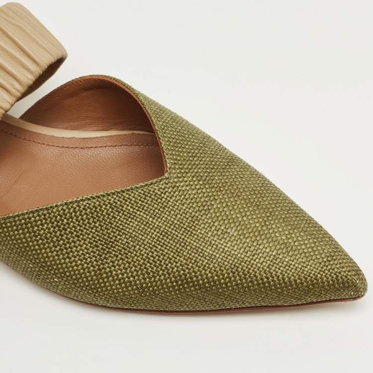 Pre Owned Malone Souliers Green/Beige Leather and Raffia Maisie Mules Size 39.5