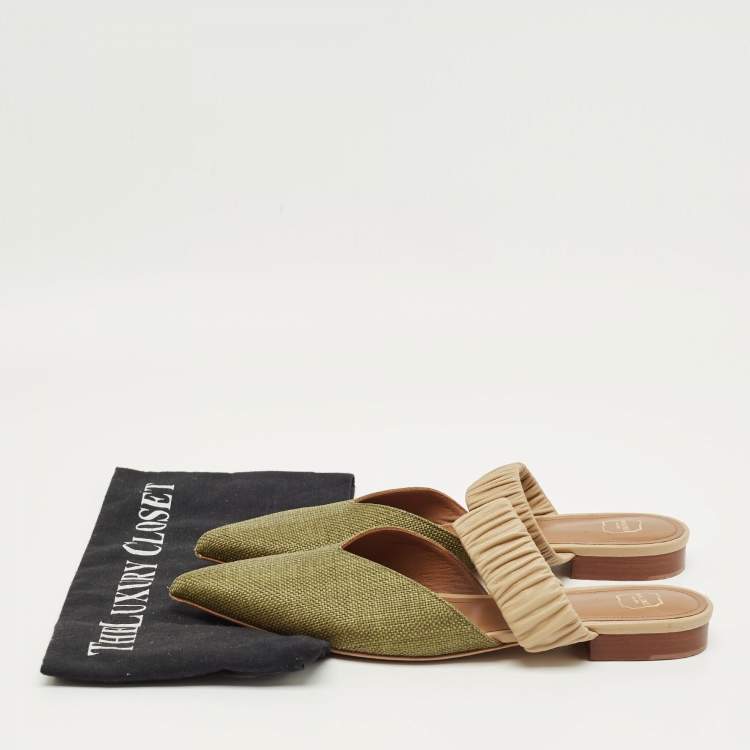 Pre Owned Malone Souliers Green/Beige Leather and Raffia Maisie Mules Size 39.5