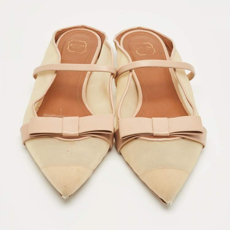 Pre Owned Malone Souliers Beige/Cream Mesh and Leather Maureen Pointed Toe Flat Mules Size 38
