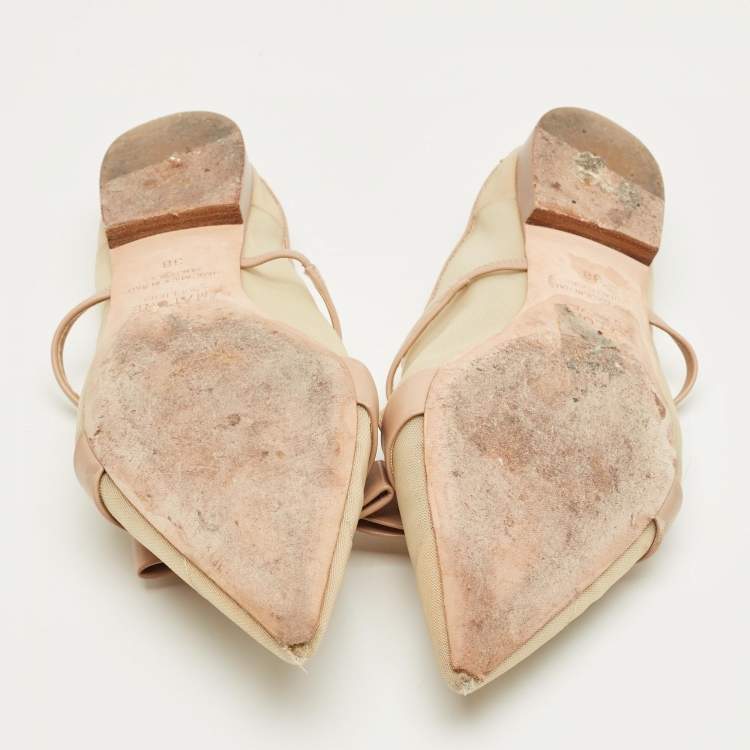 Pre Owned Malone Souliers Beige/Cream Mesh and Leather Maureen Pointed Toe Flat Mules Size 38