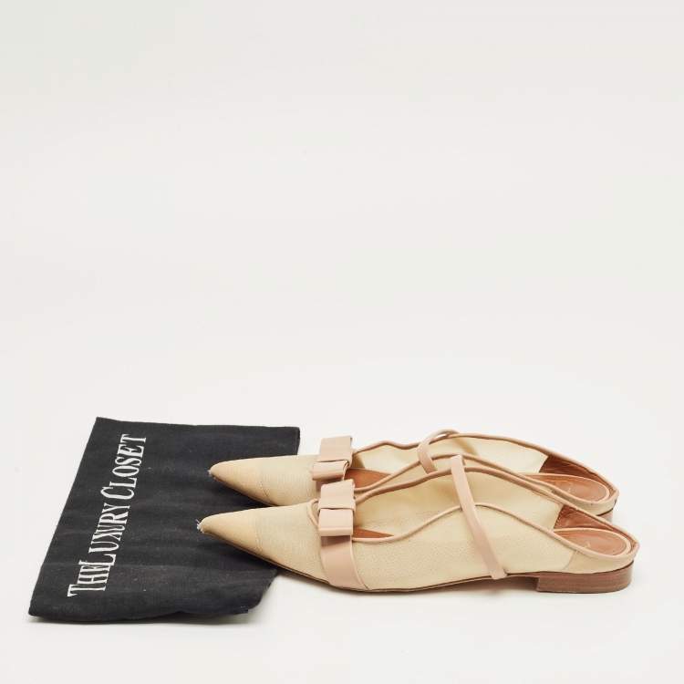 Pre Owned Malone Souliers Beige/Cream Mesh and Leather Maureen Pointed Toe Flat Mules Size 38