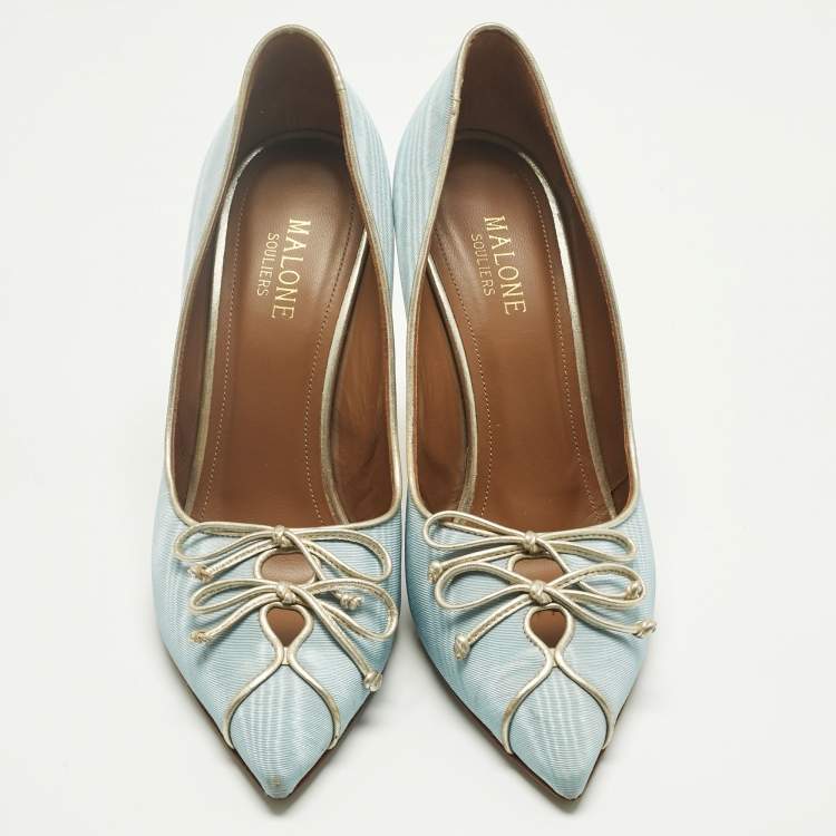 Pre Owned Malone Souliers Blue Canvas Double Bow Pointed Toe Pumps Size 38
