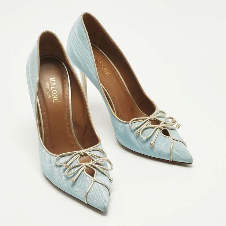 Pre Owned Malone Souliers Blue Canvas Double Bow Pointed Toe Pumps Size 38