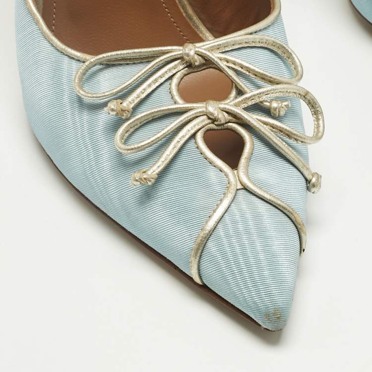 Pre Owned Malone Souliers Blue Canvas Double Bow Pointed Toe Pumps Size 38