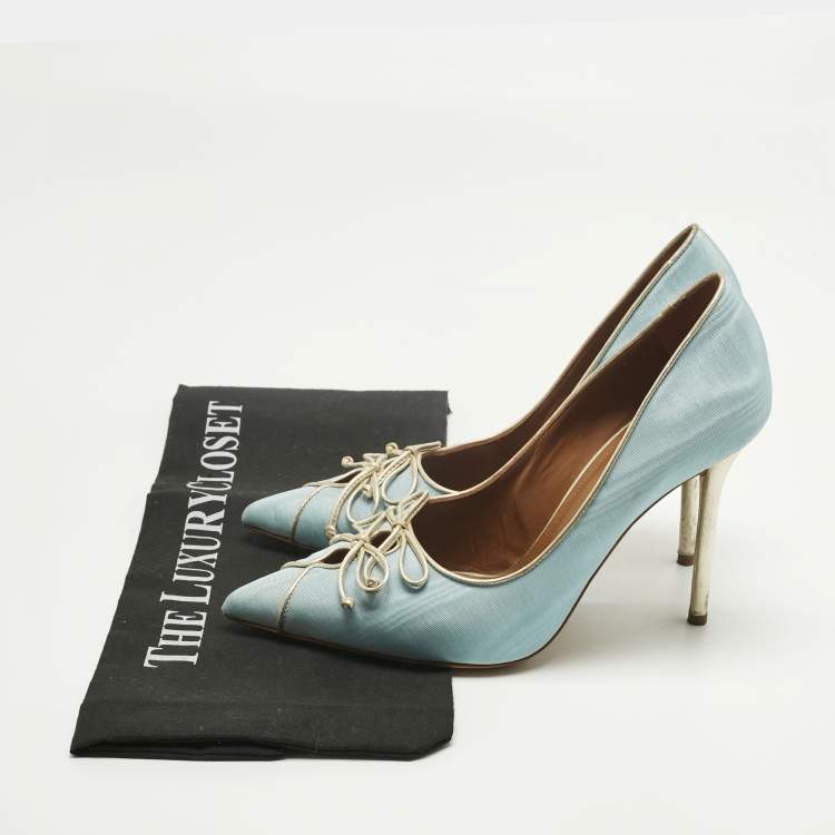 Pre Owned Malone Souliers Blue Canvas Double Bow Pointed Toe Pumps Size 38