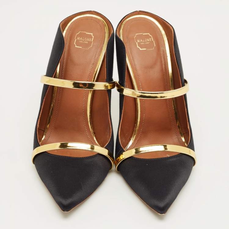 Pre Owned Malone Souliers Black/Gold Leather and Satin Maureen Mules Size 40