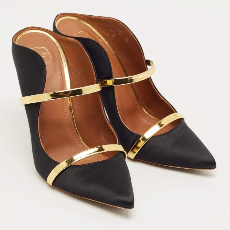Pre Owned Malone Souliers Black/Gold Leather and Satin Maureen Mules Size 40