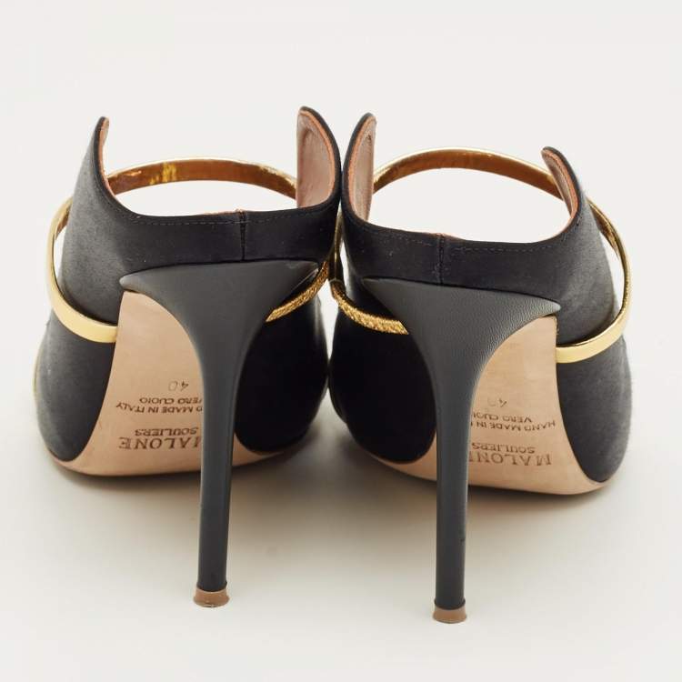 Pre Owned Malone Souliers Black/Gold Leather and Satin Maureen Mules Size 40