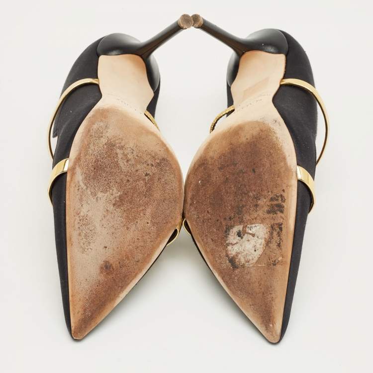 Pre Owned Malone Souliers Black/Gold Leather and Satin Maureen Mules Size 40