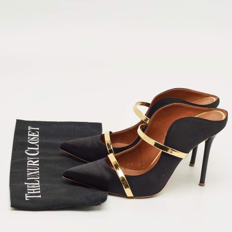 Pre Owned Malone Souliers Black/Gold Leather and Satin Maureen Mules Size 40