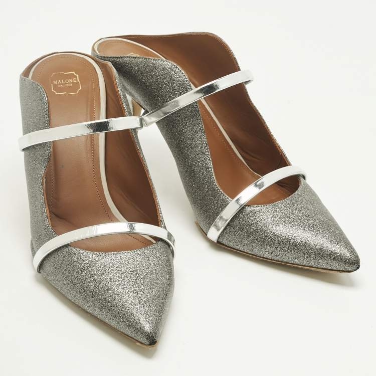 Pre Owned Malone Souliers Metallic Silver Glitter and Leather Maureen Sandals Size 40