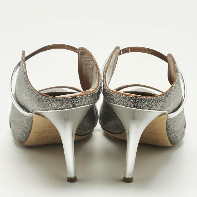 Pre Owned Malone Souliers Metallic Silver Glitter and Leather Maureen Sandals Size 40