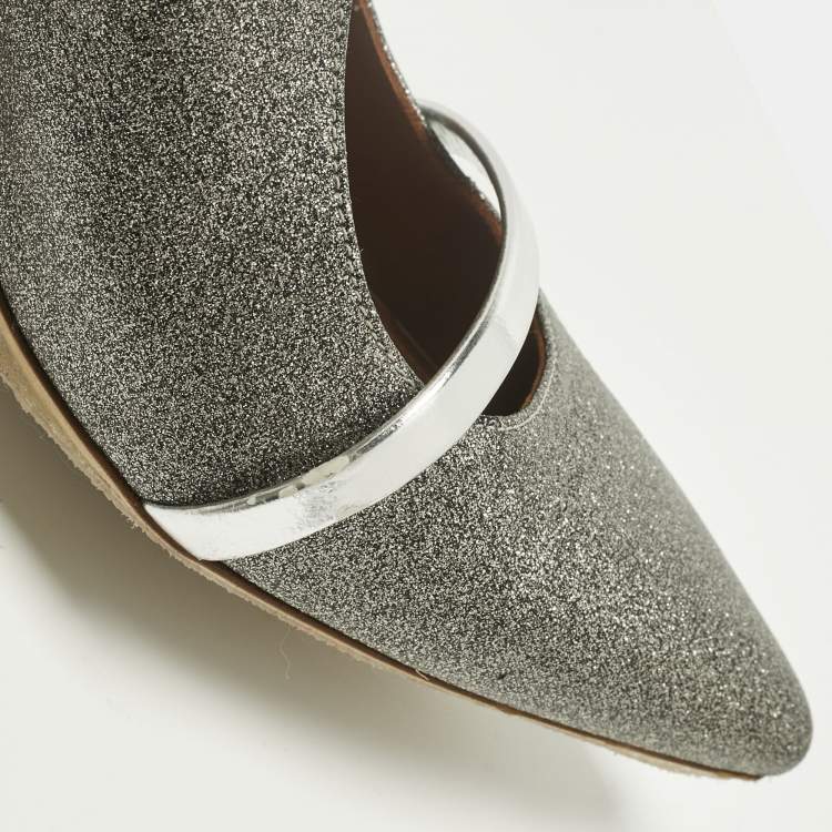 Pre Owned Malone Souliers Metallic Silver Glitter and Leather Maureen Sandals Size 40