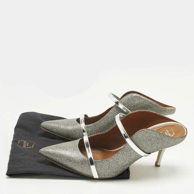 Pre Owned Malone Souliers Metallic Silver Glitter and Leather Maureen Sandals Size 40