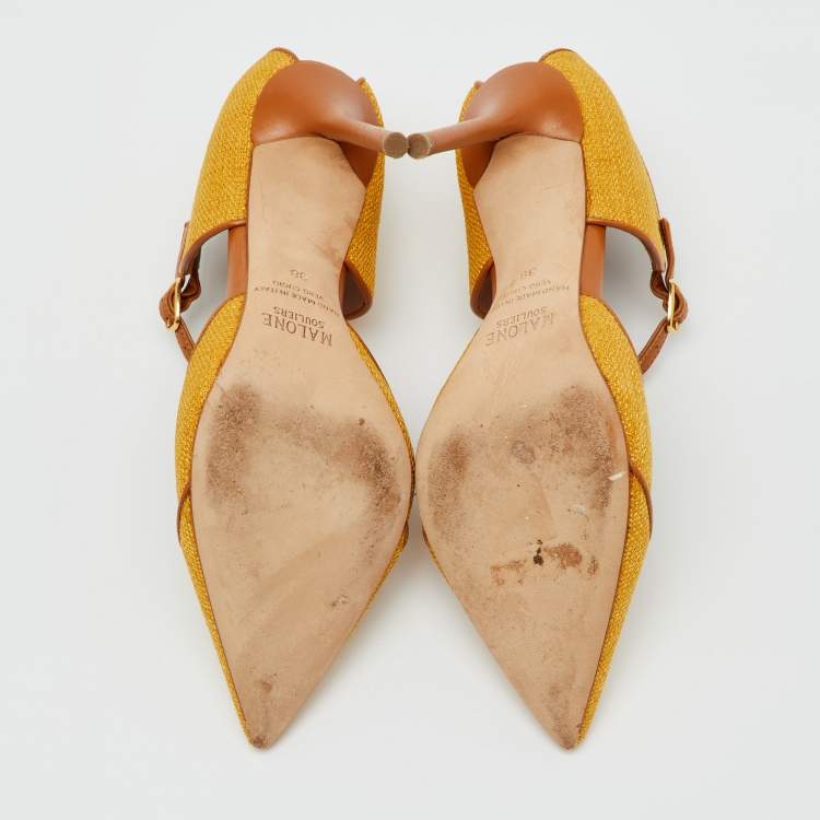 Pre Owned Malone Souliers Yellow/Brown Canvas and Leather Imogen Mules Size 38