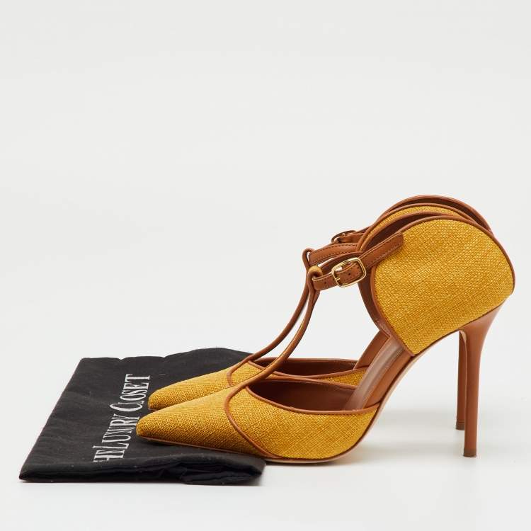 Pre Owned Malone Souliers Yellow/Brown Canvas and Leather Imogen Mules Size 38