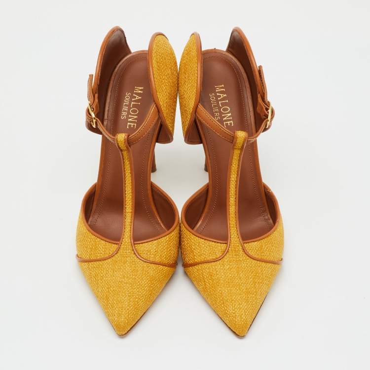 Pre Owned Malone Souliers Yellow/Brown Canvas and Leather Imogen Mules Size 38