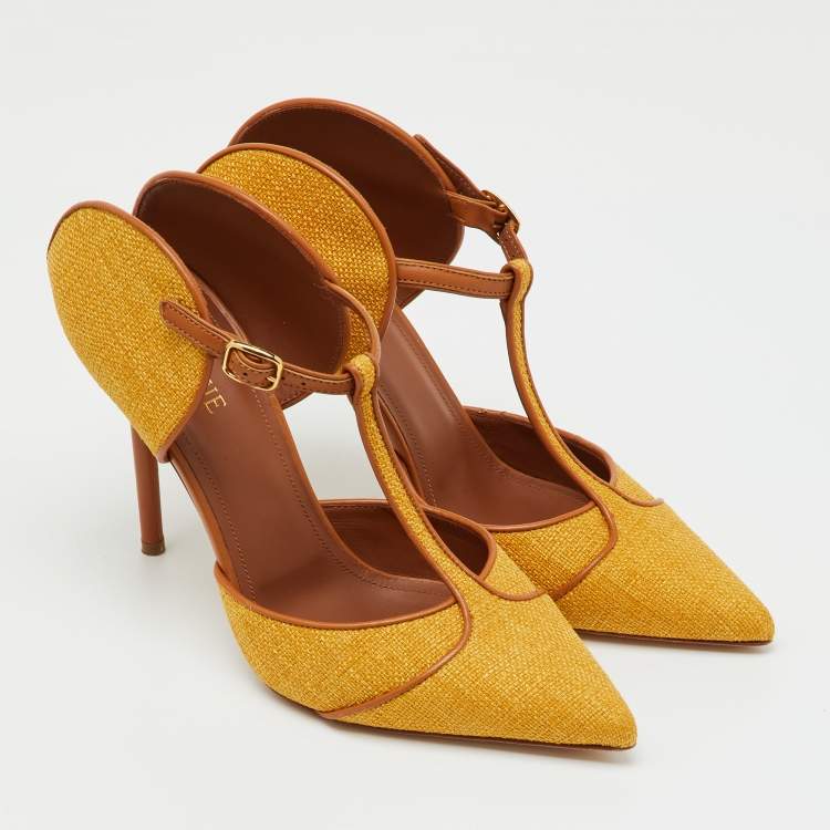 Pre Owned Malone Souliers Yellow/Brown Canvas and Leather Imogen Mules Size 38