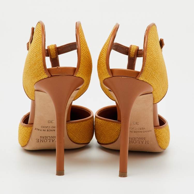 Pre Owned Malone Souliers Yellow/Brown Canvas and Leather Imogen Mules Size 38