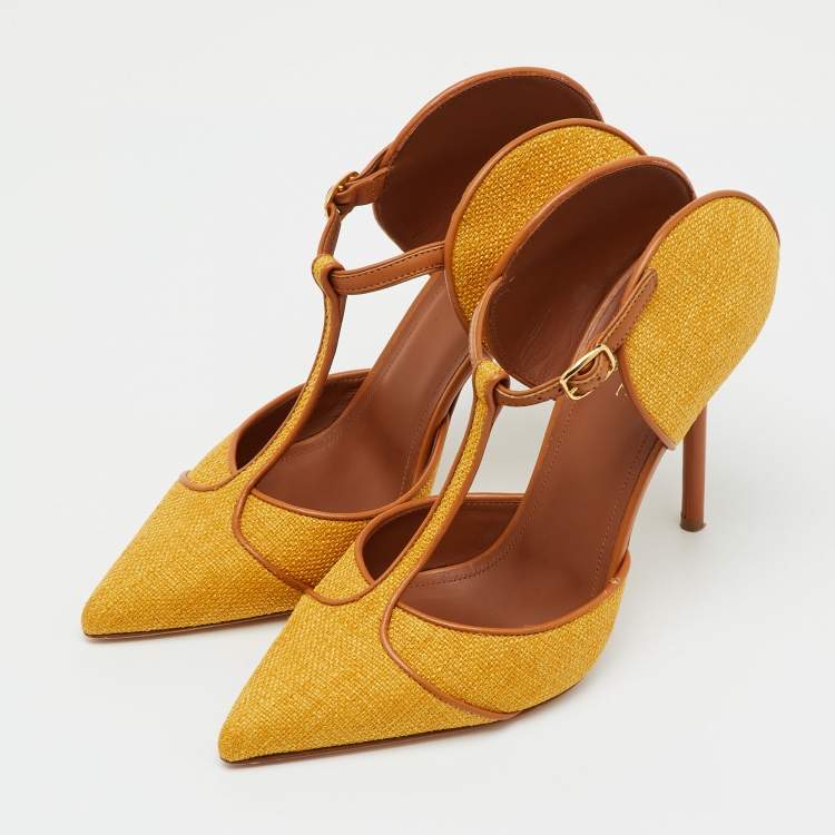 Pre Owned Malone Souliers Yellow/Brown Canvas and Leather Imogen Mules Size 38