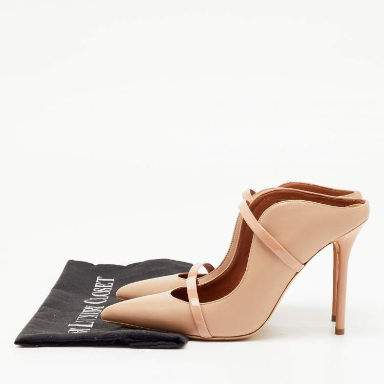Pre Owned Malone Souliers Beige Leather and Patent Leather Pointed Toe Maureen Mules Size 38