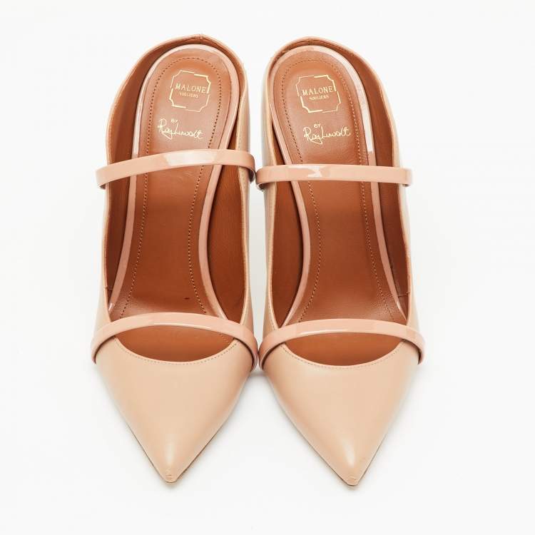 Pre Owned Malone Souliers Beige Leather and Patent Leather Pointed Toe Maureen Mules Size 38