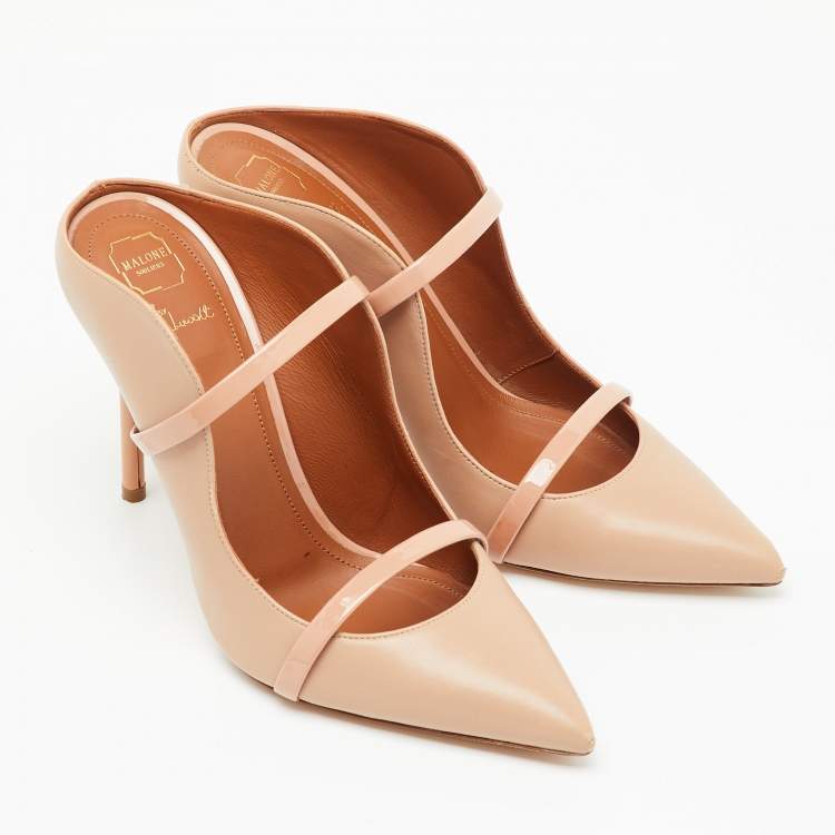 Pre Owned Malone Souliers Beige Leather and Patent Leather Pointed Toe Maureen Mules Size 38