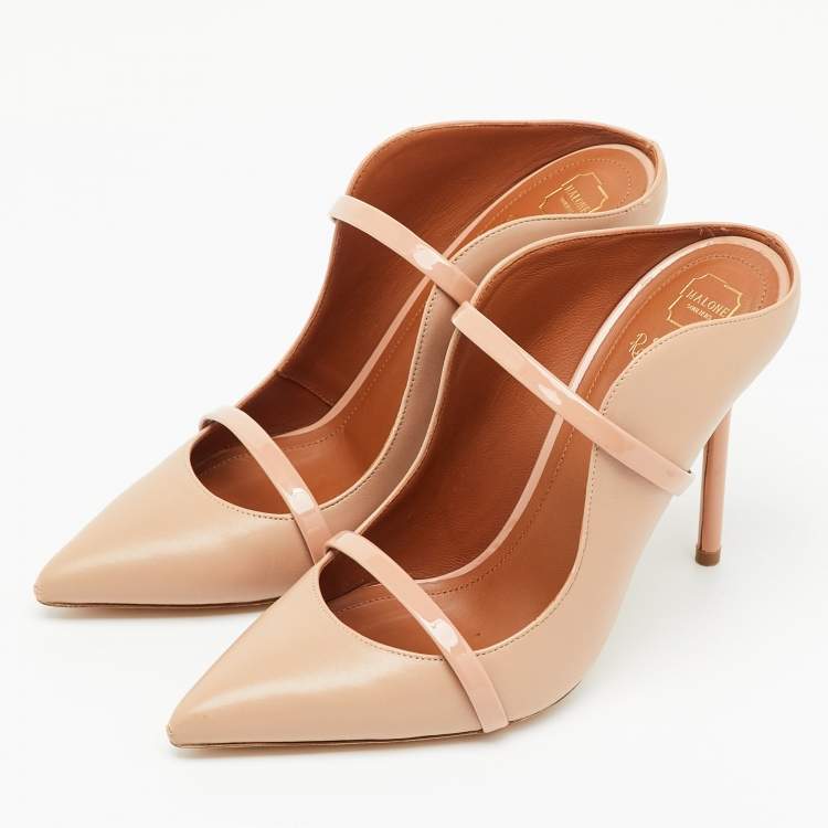 Pre Owned Malone Souliers Beige Leather and Patent Leather Pointed Toe Maureen Mules Size 38