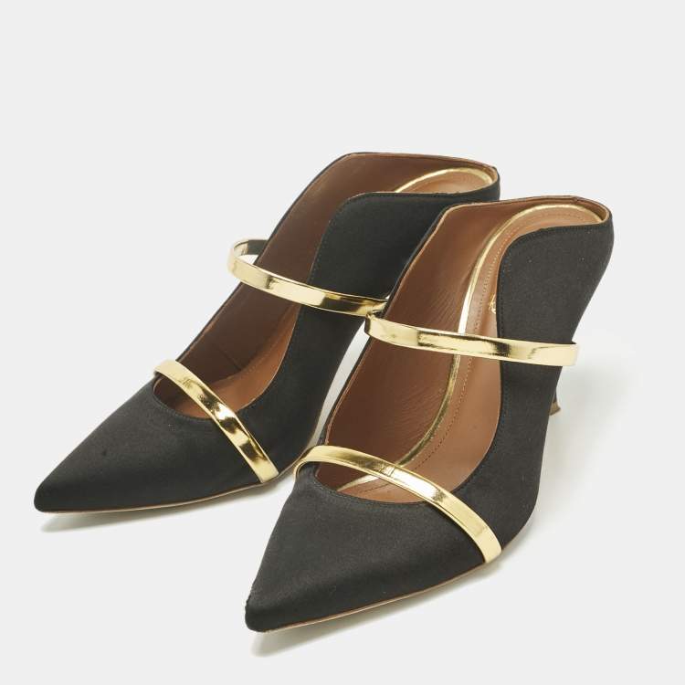 Pre Owned Malone Souliers Black/Gold Leather and Satin Maureen Mules Size 37.5