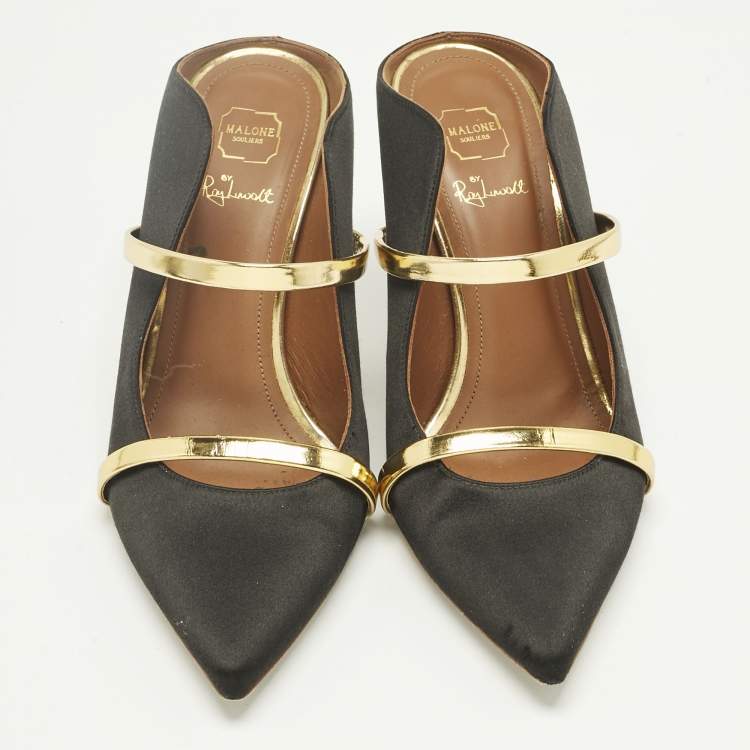 Pre Owned Malone Souliers Black/Gold Leather and Satin Maureen Mules Size 37.5