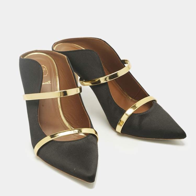 Pre Owned Malone Souliers Black/Gold Leather and Satin Maureen Mules Size 37.5