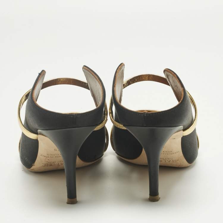 Pre Owned Malone Souliers Black/Gold Leather and Satin Maureen Mules Size 37.5