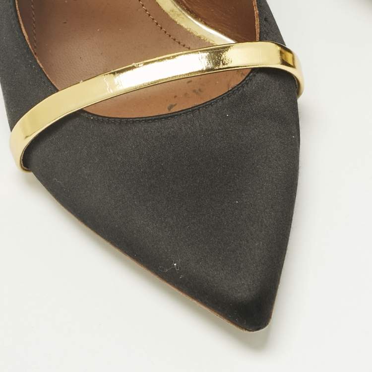 Pre Owned Malone Souliers Black/Gold Leather and Satin Maureen Mules Size 37.5