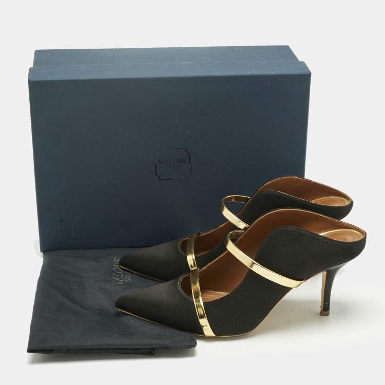 Pre Owned Malone Souliers Black/Gold Leather and Satin Maureen Mules Size 37.5