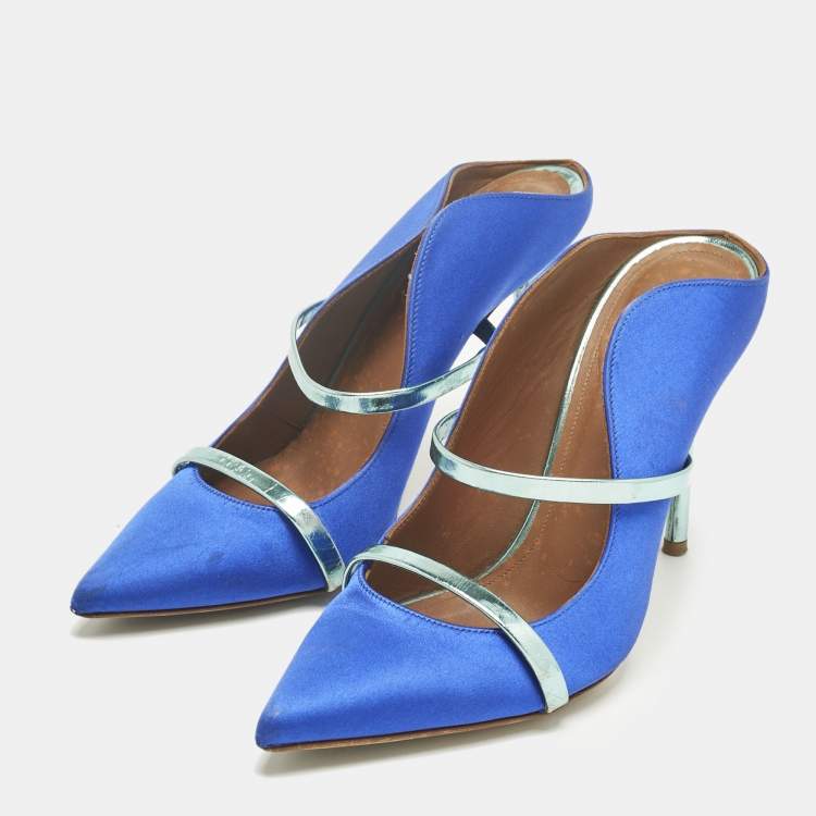 Pre Owned Malone Souliers Blue/Green Leather and Satin Maureen Mules Size 38.5