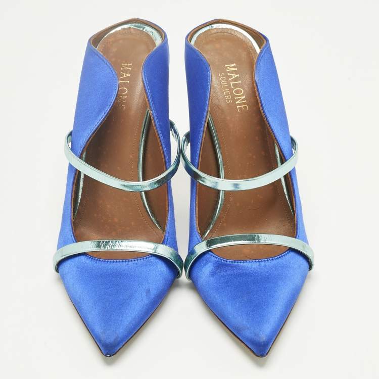 Pre Owned Malone Souliers Blue/Green Leather and Satin Maureen Mules Size 38.5