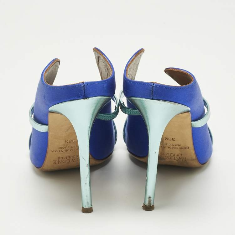Pre Owned Malone Souliers Blue/Green Leather and Satin Maureen Mules Size 38.5